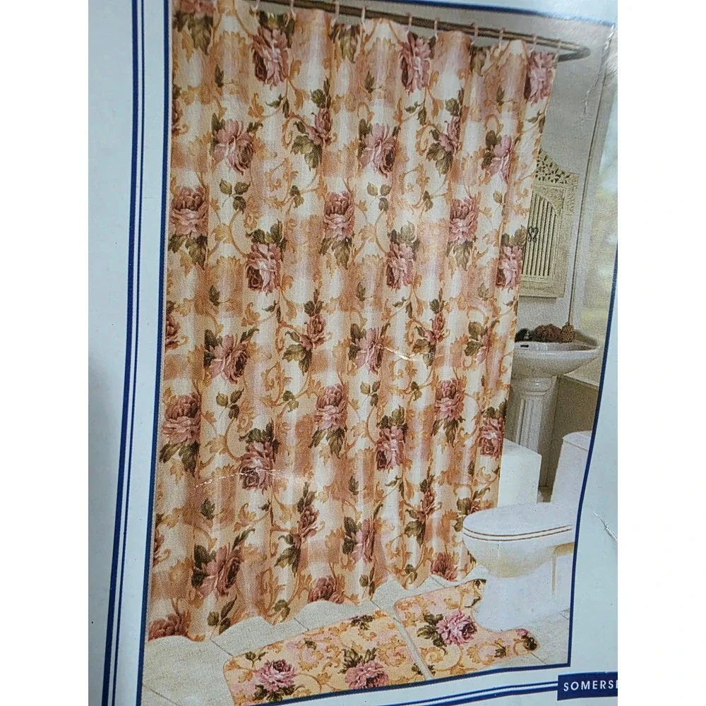 InteriorsDesign Fabric Shower Curtain 12 Fabric Rings Somerset Wine Floral 70x72